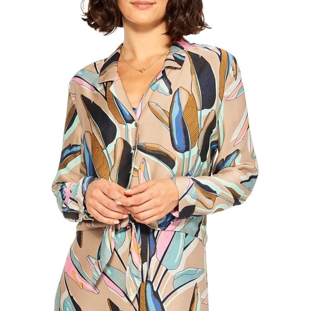 NWT NIC+Zoe Women's Banana Leaves Top - Aqua Multi - Size Petite Large
